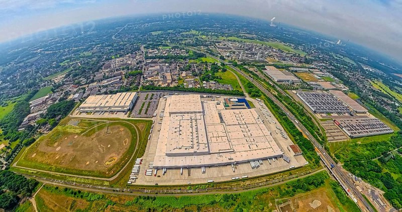 Aerial view, EDEKA Rhein-Ruhr central warehouse, Picnic FCA Oberhausen GmbH e-food warehouse, Schwarze Heide construction site, Waldteich business park with Lekkerland and Segro Logistics, Schwarze Heide, Oberhausen, Ruhr area, North Rhine-Westphalia, Germany, 360 degree image, construction work, construction area, construction site, construction site, construction project, construction site, DE, Europe, fisheye image, fisheye lens, fisheye image, fisheye lens, commercial enterprises, commercial area, commercial area, commercial property, commercial park, commercial location, commercial use, industrial area, industrial location, logistics, logistics service, logistics service provider, logistics provider, logistics centre, aerial photography, aerial photography, aerial photography, new building, super wide-angle lens, overview, bird's eye view, fisheye image, fisheye lens, insta360 camera, overview