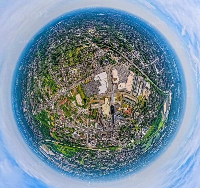 Aerial view, district Sterkrade, Bahnhofstraße shopping centre Sterkrader Tor with car park, technical town hall, bridge of the A516 Teutoburger Straße, globe, fisheye image, fisheye image, 360 degree image, tiny world, little planet, fisheye image, Sterkrade Mitte, Oberhausen, Ruhr area, North Rhine-Westphalia, Germany, DE, Europe, fisheye lens, fisheye lens, aerial view, aerial photography, aerial photography, super wide angle lens, overview, bird's eye view, birds-eyes view, fisheye lens, insta360 camera, overview