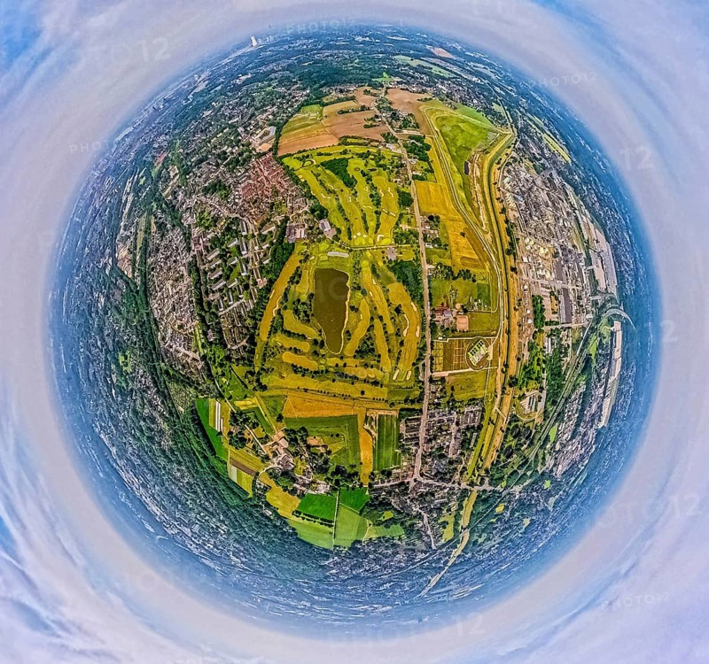 Aerial view, Golfclub Röttgersbach golf course with pond, globe, fisheye image, 360 degree image, tiny world, little planet, fisheye image, Holten, Oberhausen, Ruhr area, North Rhine-Westphalia, Germany, DE, Europe, fisheye lens, fisheye lens, golf, golf course, golf club, golf course, golf meadow, aerial photography, aerial photography, aerial photography, sports, super wide angle lens, overview, bird's eye view, birds-eyes view, fisheye lens, insta360 camera, overview