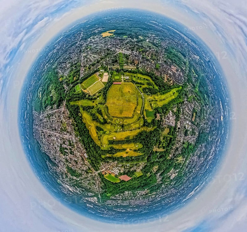 Aerial photo, POTTGOLF Oberhausen golf course and golf meadow, sports facility football pitch Jakobi, globe, fisheye image, fisheye image, 360 degree image, tiny world, little planet, fisheye image, Klosterhardt, Oberhausen, Ruhr area, North Rhine-Westphalia, Germany, DE, Europe, fisheye lens, fisheye lens, golf, golf course, golf club, golf course, golf meadow, aerial photography, aerial photography, aerial photography, sports, super wide angle lens, overview, bird's eye view, birds-eyes view, fisheye lens, insta360 camera, overview