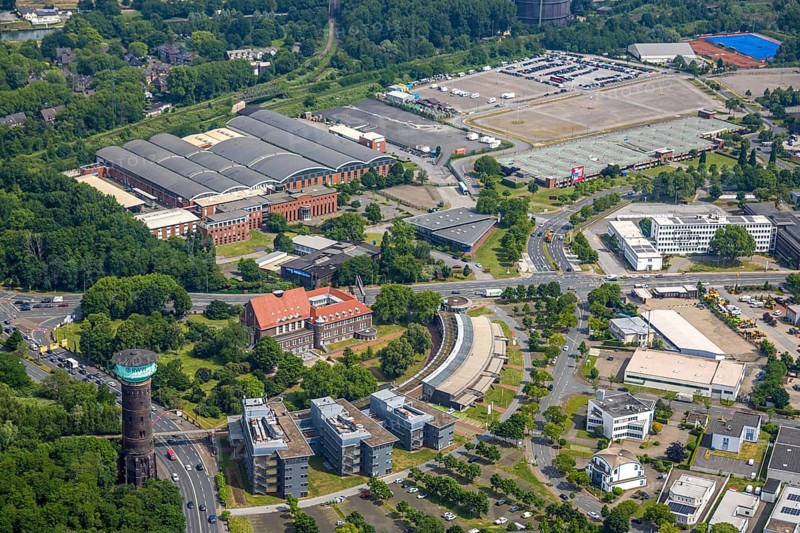Aerial view, DB Schenker Logistics Service and TZU Technology Centre, below RWW Water Tower - Historical sight, Oberhausen, Ruhr area, North Rhine-Westphalia, Germany, DE, Europe, logistics, logistics service, logistics service provider, logistics provider, logistics centre, aerial view, aerial photography, aerial photography, transport service, overview, bird's-eye view, overview, OberhausenSued