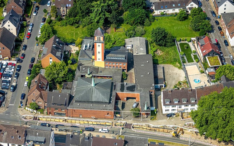 Aerial view, Monastery Church of Our Lady, Oberhausen, Ruhr area, North Rhine-Westphalia, Germany, place of worship, DE, Europe, religious community, place of worship, holy place, church, parish, denomination, aerial view, aerial photography, aerial photography, religion, religious site, overview, bird's-eye view, overview, OberhausenSued