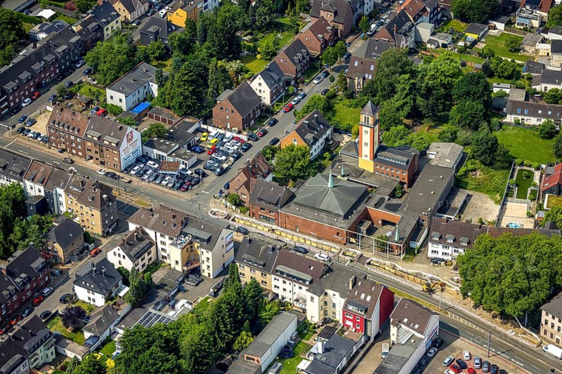 Aerial view, Monastery Church of Our Lady, Oberhausen, Ruhr area, North Rhine-Westphalia, Germany, place of worship, DE, Europe, religious community, place of worship, sacred site, church, parish, denomination, aerial view, aerial photography, aerial photography, marketplace, religion, religious site, overview, bird's-eye view, overview, OberhausenSued