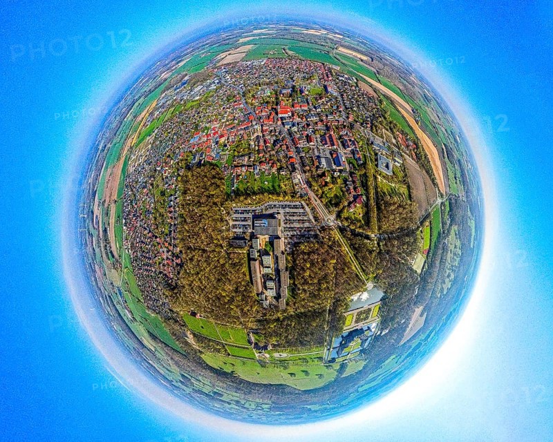 Aerial photography, North Rhine-Westphalia School of Finance at Nordkirchen Castle, earth globe, fisheye image, fisheye image, 360 degree image, tiny world, little planet, fisheye image, Nordkirchen, Ruhr area, North Rhine-Westphalia, Germany, DE, Europe, School of Finance, fisheye lens, fisheye lens, aerial photography, aerial photography, aerial photography, Münsterland, super wide angle lens, overview, bird's eye view, birds-eyes view, fisheye lens, insta360 camera, overview