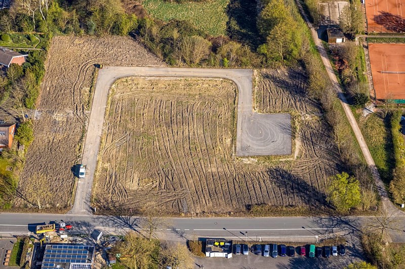 Aerial view, brownfield building site for planned housing project Am Gorbach, Nordkirchen, Münsterland, North Rhine-Westphalia, Germany, DE, Europe, aerial view, aerial photography, aerial photography, overview, bird's-eye view, overview