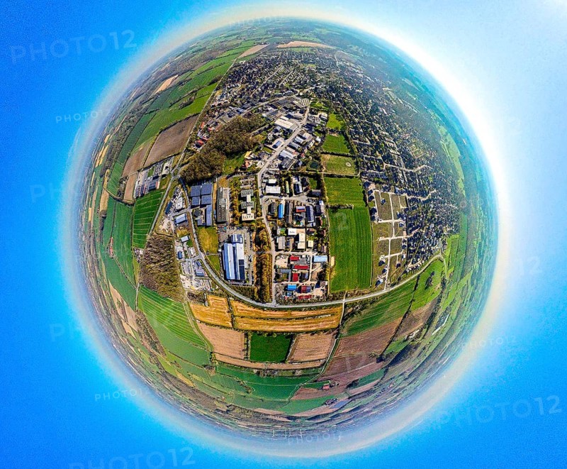 Aerial view, industrial estate north-west, at Ferdinand-Kortmann-Straße, earth globe, fisheye image, 360 degree image, tiny world, little planet, fisheye image, Südkirchen, Nordkirchen, Ruhr area, North Rhine-Westphalia, Germany, DE, Europe, fisheye lens, fisheye lens, commercial enterprises, commercial area, commercial area, commercial property, commercial park, commercial location, commercial use, industrial area, industrial location, aerial photography, aerial photography, aerial photography, Münsterland, super wide angle lens, overview, bird's eye view, birds-eyes view, fisheye lens, insta360 camera, overview