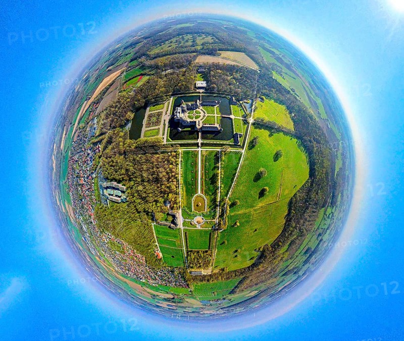 Aerial view, Nordkirchen Castle and castle park, Oranienburg, Orangery, former residence of the prince-bishops of Münster, also known as the Westphalian Versailles, globe, fisheye image, fisheye image, 360 degree image, tiny world, little planet, fisheye image, Nordkirchen, Ruhr area, North Rhine-Westphalia, Germany, DE, Europe, fisheye lens, fisheye lens, aerial view, aerial photography, aerial photography, Münsterland, castle, super wide angle lens, overview, bird's eye view, birds-eyes view, fisheye lens, insta360 camera, overview