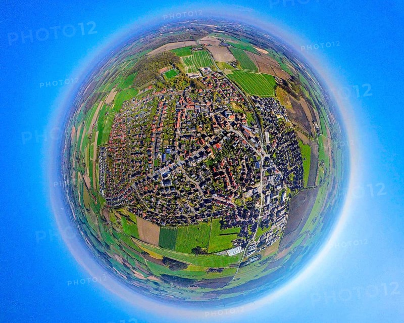 Aerial view, residential area, view of Nordkirchen town centre, earth globe, fisheye image, 360 degree image, tiny world, little planet, fisheye image, Südkirchen, Nordkirchen, Ruhr area, North Rhine-Westphalia, Germany, DE, Europe, fisheye lens, fisheye lens, property tax, real estate, aerial photography, aerial photography, aerial photography, Münsterland, super wide angle lens, overview, bird's eye view, housing estate, housing and living, residential area, quality of living, residential neighbourhood, housing estate, residential area, birds-eyes view, fisheye lens, insta360 camera, overview