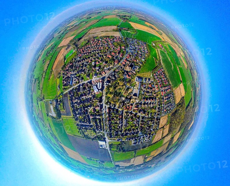 Aerial view, residential area, view of Capelle and Südkirchen, globe, fisheye image, 360 degree image, tiny world, little planet, fisheye image, Capelle, Nordkirchen, Ruhr area, North Rhine-Westphalia, Germany, DE, Europe, fisheye lens, fisheye lens, property tax, real estate, aerial photography, aerial photography, aerial photography, Münsterland, super wide angle lens, overview, bird's eye view, housing estate, housing and living, residential area, quality of living, residential neighbourhood, housing estate, residential area, birds-eyes view, fisheye lens, insta360 camera, overview