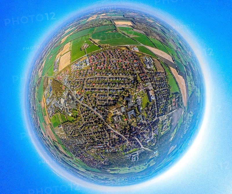 Aerial view, residential area, view of Nordkirchen with Nordstadt, earth globe, fisheye image, 360 degree image, tiny world, little planet, fisheye image, Nordkirchen, Ruhr area, North Rhine-Westphalia, Germany, DE, Europe, fisheye lens, fisheye lens, property tax, real estate, aerial photography, aerial photography, aerial photography, Münsterland, super wide-angle lens, overview, bird's-eye view, housing estate, housing and living, residential area, quality of living, residential neighbourhood, housing estate, residential area, birds-eyes view, fisheye lens, insta360 camera, overview
