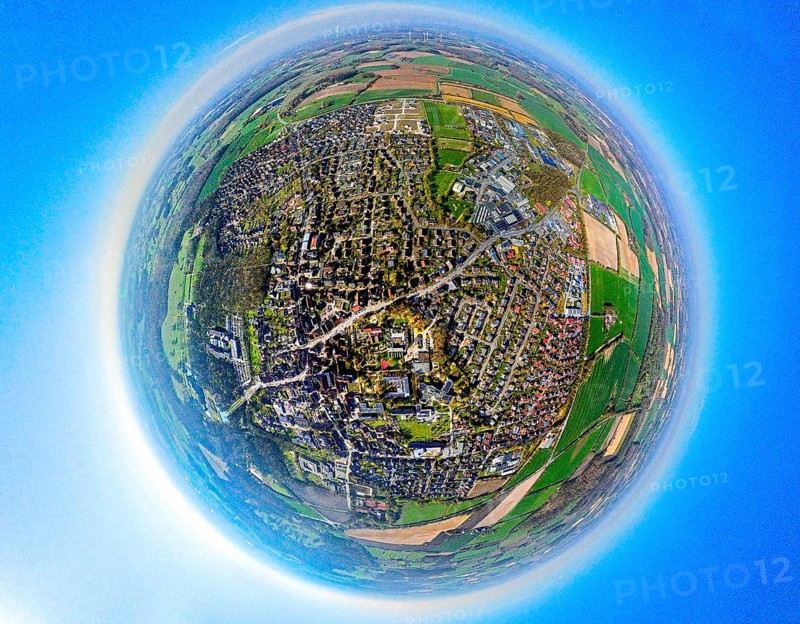 Aerial view, residential area, view of Nordkirchen town centre, commercial area on Cappenberger Straße, globe, fisheye image, 360 degree image, tiny world, little planet, fisheye image, Südkirchen, Nordkirchen, Ruhr area, North Rhine-Westphalia, Germany, DE, Europe, fisheye lens, fisheye lens, commercial enterprises, commercial area, commercial area, commercial property, commercial park, commercial location, commercial use, property tax, real estate, industrial area, industrial location, aerial photography, aerial photography, aerial photography, Münsterland, super wide-angle lens, overview, bird's-eye view, residential complex, living and living, residential area, residential quality, residential neighbourhood, housing estate, residential area, birds-eyes view, fisheye lens, insta360 camera, overview