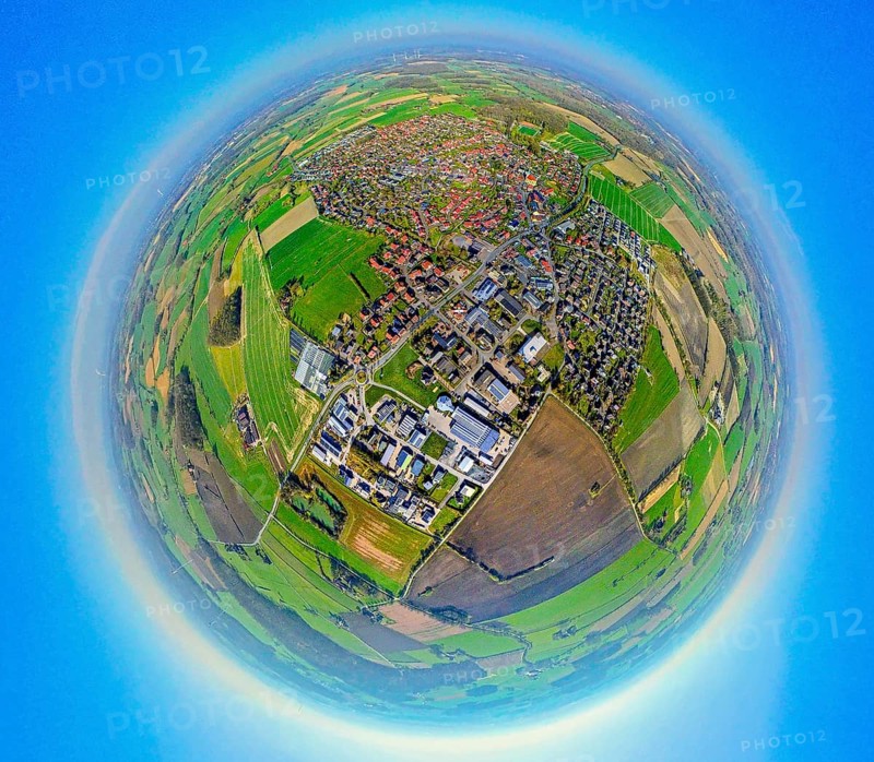 Aerial view, residential area, view of Nordkirchen town centre, commercial area on Cappenberger Straße, globe, fisheye image, 360 degree image, tiny world, little planet, fisheye image, Südkirchen, Nordkirchen, Ruhr area, North Rhine-Westphalia, Germany, DE, Europe, fisheye lens, fisheye lens, commercial enterprises, commercial area, commercial area, commercial property, commercial park, commercial location, commercial use, property tax, real estate, industrial area, industrial location, aerial photography, aerial photography, aerial photography, Münsterland, super wide-angle lens, overview, bird's-eye view, residential complex, living and living, residential area, residential quality, residential neighbourhood, housing estate, residential area, birds-eyes view, fisheye lens, insta360 camera, overview
