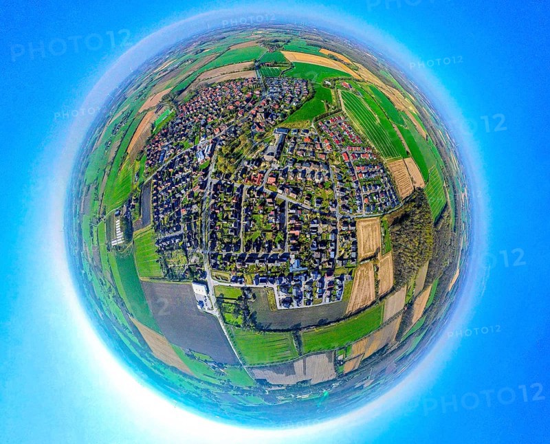 Aerial view, residential area, view of Capelle and Südkirchen, globe, fisheye image, 360 degree image, tiny world, little planet, fisheye image, Capelle, Nordkirchen, Ruhr area, North Rhine-Westphalia, Germany, DE, Europe, fisheye lens, fisheye lens, property tax, real estate, aerial photography, aerial photography, aerial photography, Münsterland, super wide angle lens, overview, bird's eye view, housing estate, housing and living, residential area, quality of living, residential neighbourhood, housing estate, residential area, birds-eyes view, fisheye lens, insta360 camera, overview