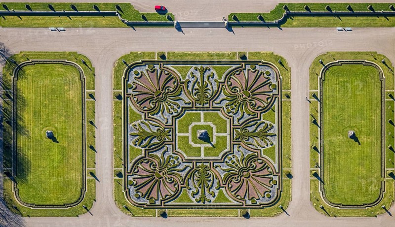 Aerial view, Nordkirchen Castle, baroque castle complex, moated castle and castle garden shapes and colours, vertical shot, Nordkirchen, Münsterland, North Rhine-Westphalia, Germany, baroque residence, construction work, construction area, building site, building plots, construction project, construction site, DE, monument protection, Europe, aerial view, aerial photography, aerial photography, castle, overview, Venus Island, Versailles style, bird's-eye view, moated castle, moated castle, birds-eyes view, overview
