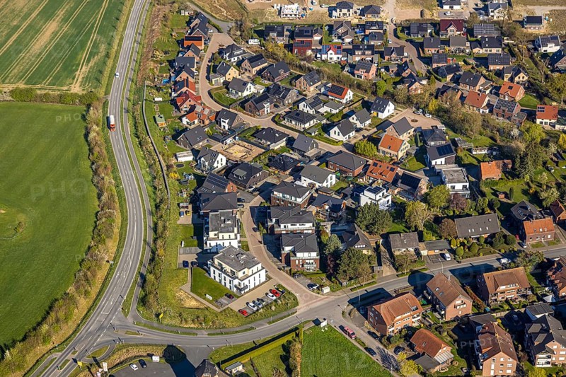 Aerial view, residential area and local view, new residential area Bergstraße corner Wiemanns Holt, Nordkirchen, Münsterland, North Rhine-Westphalia, Germany, DE, Europe, aerial view, aerial photography, aerial photography, overview, bird's eye view, birds-eyes view, overview
