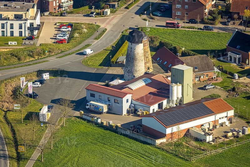 Aerial view, windmill with mill tower, mountain road, Nordkirchen, Münsterland, North Rhine-Westphalia, Germany, DE, Europe, aerial view, aerial photography, aerial photography, overview, bird's eye view, birds-eyes view, overview