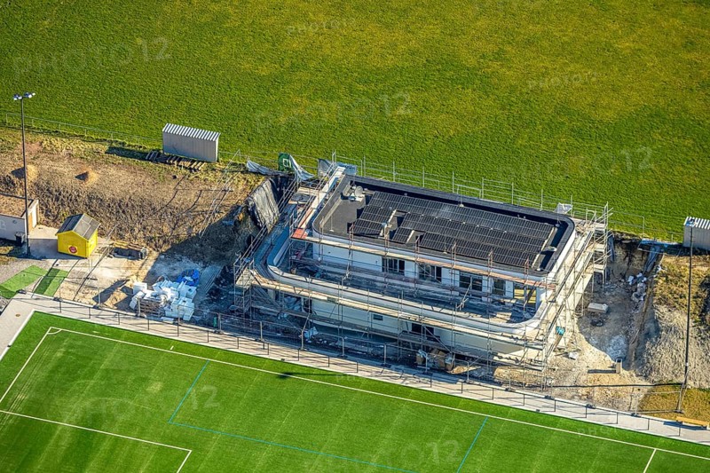 Aerial view, construction site, new sports home at the football stadium of SC 1971 Capelle, Capelle, Nordkirchen, Münsterland, North Rhine-Westphalia, Germany, construction work, construction area, building site, building plots, construction project, construction site, DE, Europe, football pitch, football stadium, aerial view, aerial photography, aerial photography, sports, sports facilities, sports field, sports facility, stadium, overview, bird's eye view, bird's eye view, overview
