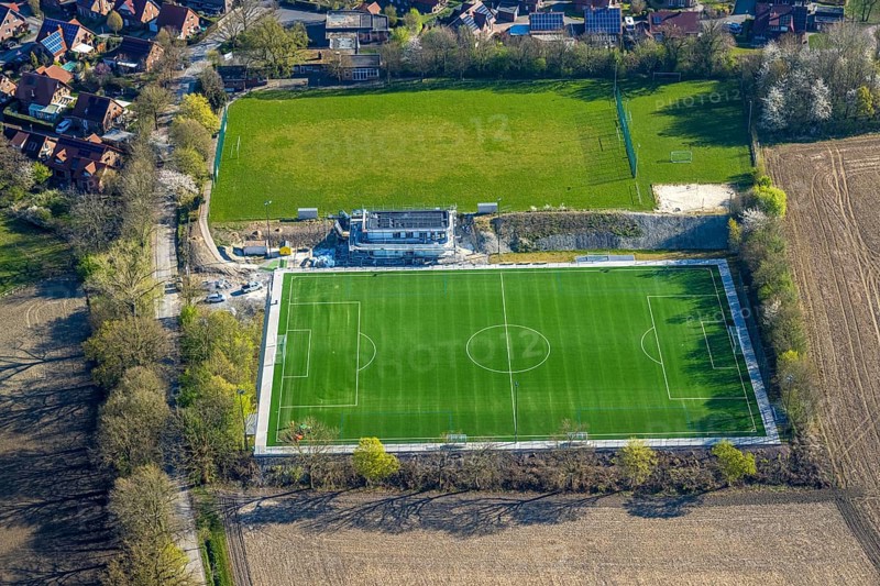 Aerial view, construction site football stadium of SC 1971 Capelle with new sports home, Capelle, Nordkirchen, Münsterland, North Rhine-Westphalia, Germany, construction work, construction area, building site, building plots, construction project, construction site, DE, Europe, football pitch, football stadium, aerial view, aerial photography, aerial photography, sports, sports facilities, sports field, sports facility, stadium, overview, bird's eye view, bird's eye view, overview