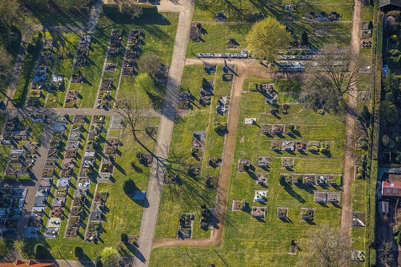 Aerial view, cemetery, cemetery burial ground Capelle, Nordkirchen, Münsterland, North Rhine-Westphalia, Germany, burial ground, DE, Europe, cemetery, memorial, Gottesacker, graves, burial ground, aerial photograph, aerial photography, aerial photography, resting place, overview, bird's-eye view, birds-eyes view, overview