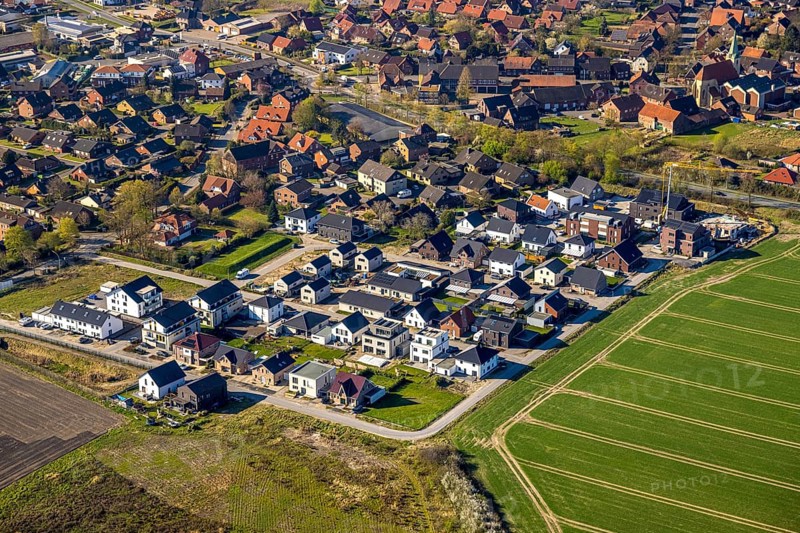 Aerial view, single-family houses, construction site, new building, residential area Capeller Straße, Südkirchen, Nordkirchen, Münsterland, North Rhine-Westphalia, Germany, construction work, construction area, building site, building plots, construction project, construction site, DE, Europe, aerial view, aerial photography, aerial photography, overview, bird's-eye view, overview