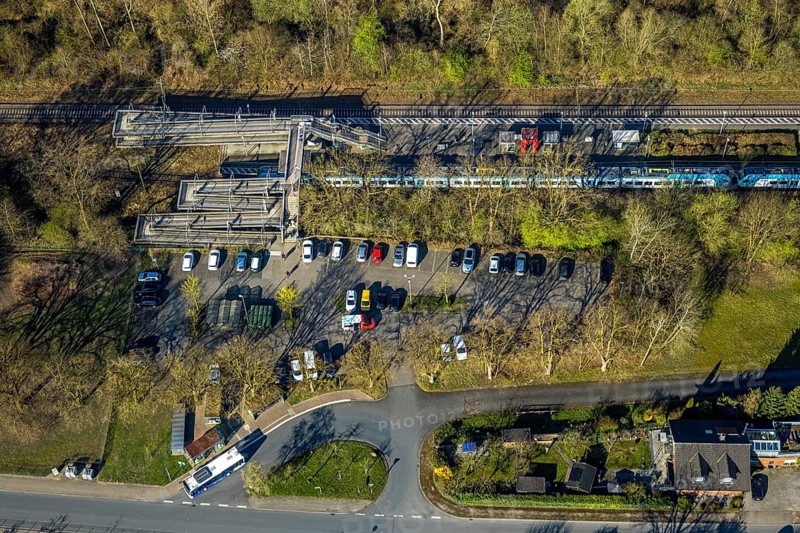 Aerial view, Capelle (Westf) station and suburban railway, forested railway line, Capelle, Nordkirchen, Münsterland, North Rhine-Westphalia, Germany, railway area, station, platform, DE, Deutsche Bahn AG, Europe, track system, tracks, aerial view, aerial photography, aerial photography, road bridge, overview, bird's-eye view, overview