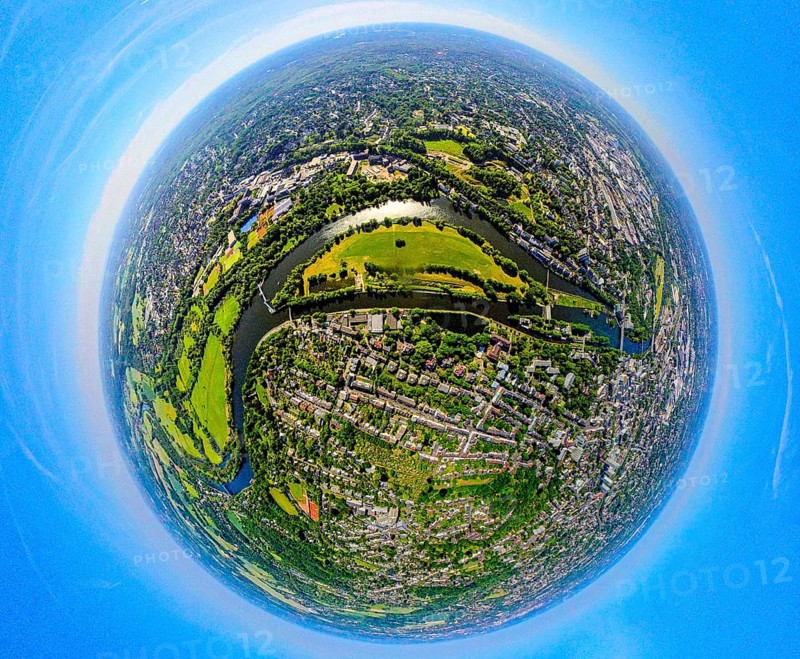 Aerial view, Mülheim centre with Ruhr island, river Ruhr and lock canal, globe, fisheye image, 360 degree image, tiny world, little planet, fisheye image, old town I - southwest, Mülheim an der Ruhr, Ruhr area, North Rhine-Westphalia, Germany, DE, Europe, fisheye lens, fisheye lens, aerial photography, aerial photography, aerial photography, Mülheim, super wide angle lens, overview, bird's eye view, birds-eyes view, fisheye lens, insta360 camera, overview