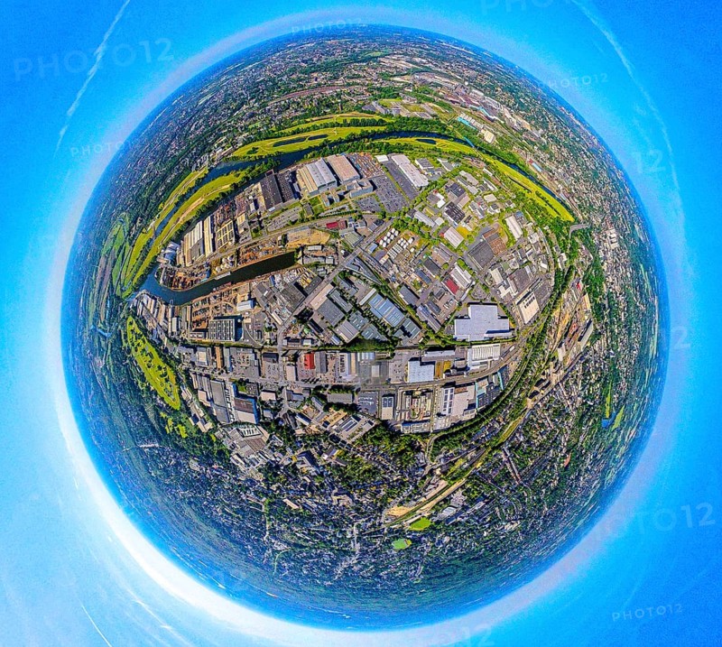 Aerial view, industrial area Weseler Straße and Rhine-Ruhr harbour Mülheim, globe, fisheye image, 360 degree image, tiny world, little planet, fisheye image, Speldorf, Mülheim an der Ruhr, Ruhr area, North Rhine-Westphalia, Germany, inland port, DE, Europe, fisheye lens, fisheye lens, commercial enterprises, commercial area, commercial area, commercial property, commercial park, commercial location, commercial use, harbour, harbour area, harbour overview, industrial area, industrial location, aerial view, aerial photography, aerial photography, Mülheim, super wide angle lens, overview, bird's eye view, birds-eyes view, fisheye lens, insta360 camera, overview