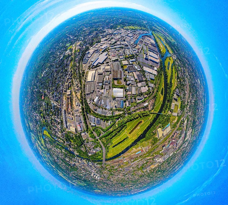 Aerial view, industrial area Weseler Straße and Rhine-Ruhr harbour Mülheim, globe, fisheye image, 360 degree image, tiny world, little planet, fisheye image, Speldorf, Mülheim an der Ruhr, Ruhr area, North Rhine-Westphalia, Germany, inland port, DE, Europe, fisheye lens, fisheye lens, commercial enterprises, commercial area, commercial area, commercial property, commercial park, commercial location, commercial use, harbour, harbour area, harbour overview, industrial area, industrial location, aerial view, aerial photography, aerial photography, Mülheim, super wide angle lens, overview, bird's eye view, birds-eyes view, fisheye lens, insta360 camera, overview