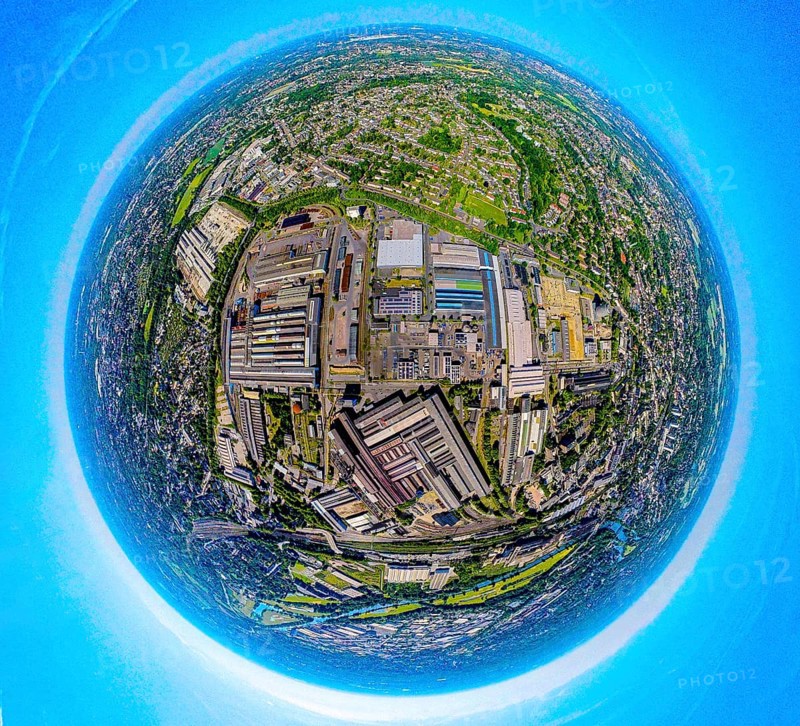 Aerial photograph, Salzgitter Mannesmann Röhrenwerke industrial estate, globe, fisheye image, fisheye image, 360 degree image, tiny world, little planet, fisheye image, Altstadt II, Mülheim an der Ruhr, Ruhr area, North Rhine-Westphalia, Germany, DE, Europe, fisheye lens, fisheye lens, commercial enterprises, commercial area, commercial area, commercial property, commercial park, commercial location, commercial use, industrial area, industrial location, aerial photography, aerial photography, aerial photography, Mülheim, super wide angle lens, overview, bird's eye view, birds-eyes view, fisheye lens, insta360 camera, overview