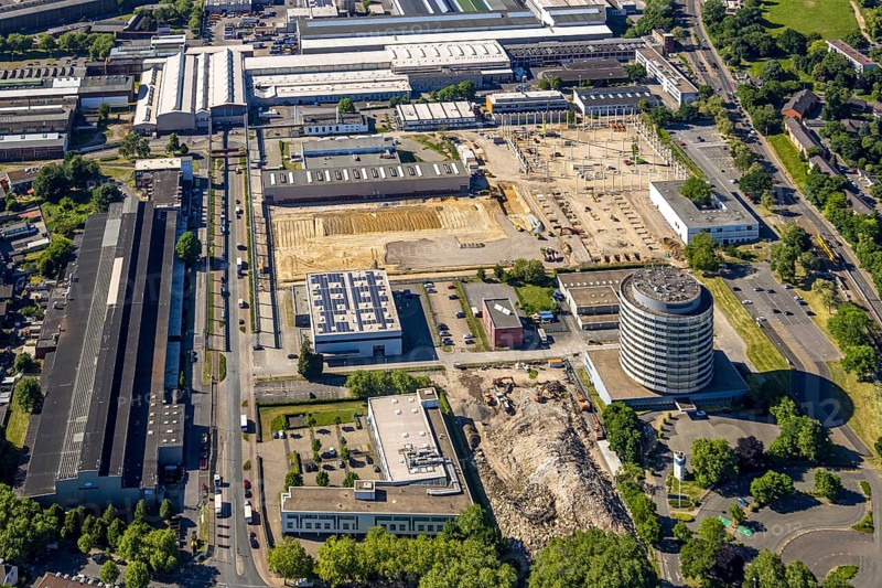 Aerial view, construction site Flex City (formerly Siemens Techno Park) between Mannesmannallee and Kranbahnallee, Altstadt II, Mülheim an der Ruhr, Ruhr area, North Rhine-Westphalia, Germany, construction work, construction area, building site, building plots, construction project, construction site, DE, Europe, aerial view, aerial photography, aerial photography, overview, bird's-eye view, bird's-eye view, overview