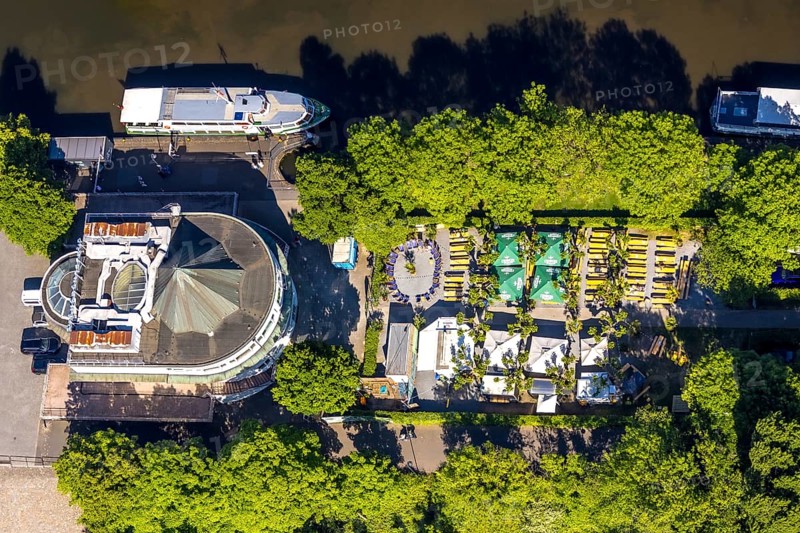 Aerial view, Restaurant Wasserbahnhof on the Schleuseninsel with landing stage Weiße Flotte, outdoor catering and parasols, Altstadt I - Südwest, Mülheim an der Ruhr, Ruhr area, North Rhine-Westphalia, Germany, DE, Europe, aerial view, aerial photography, aerial photography, overview, bird's-eye view, overview