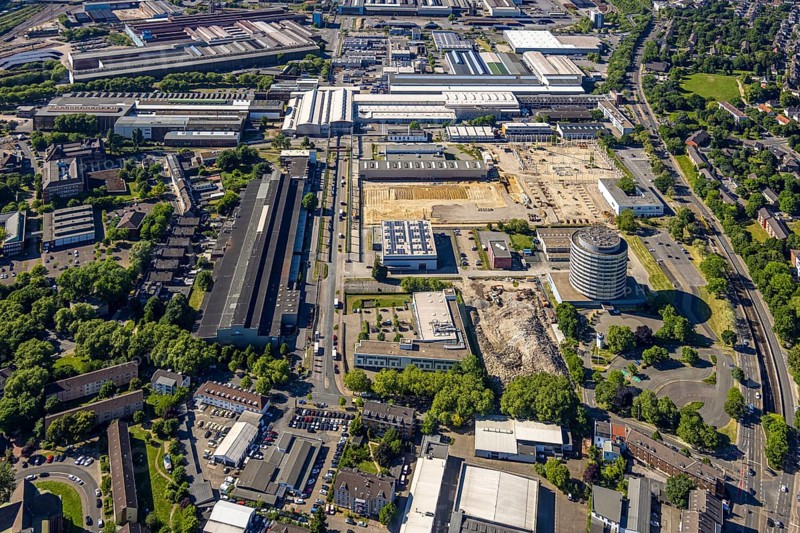 Aerial view, construction site Flex City, formerly Siemens Techno Park, between Mannesmannallee and Kranbahnallee, Altstadt II, Mülheim an der Ruhr, Ruhr area, North Rhine-Westphalia, Germany, construction work, construction area, building site, building plots, construction project, construction site, DE, Europe, aerial view, aerial photography, aerial photography, overview, bird's-eye view, bird's-eye view, overview