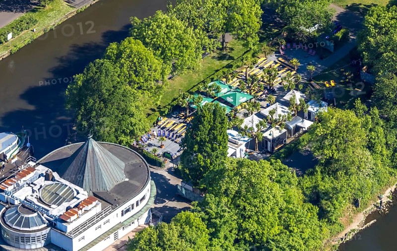 Aerial view, Restaurant Wasserbahnhof on the Schleuseninsel with landing stage Weiße Flotte, outdoor catering and parasols, Altstadt I - Südwest, Mülheim an der Ruhr, Ruhr area, North Rhine-Westphalia, Germany, DE, Europe, aerial view, aerial photography, aerial photography, overview, bird's-eye view, overview