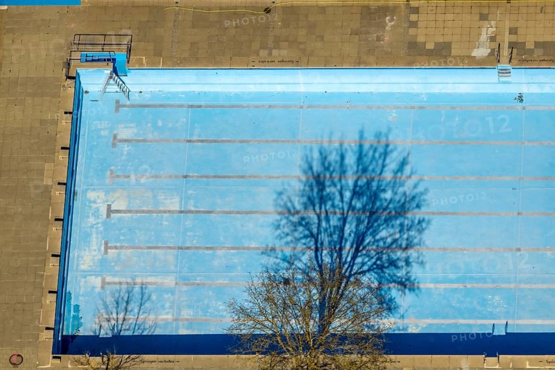 Aerial view, outdoor and indoor swimming pool, tree reflected in the pool, Meschede town, Meschede, Sauerland, North Rhine-Westphalia, Germany, bathing establishment, bathing resort, DE, Europe, outdoor swimming pool, leisure activities, aerial view, aerial photography, aerial photography, swimming pool, swimming pool, overview, bird's eye view, overview