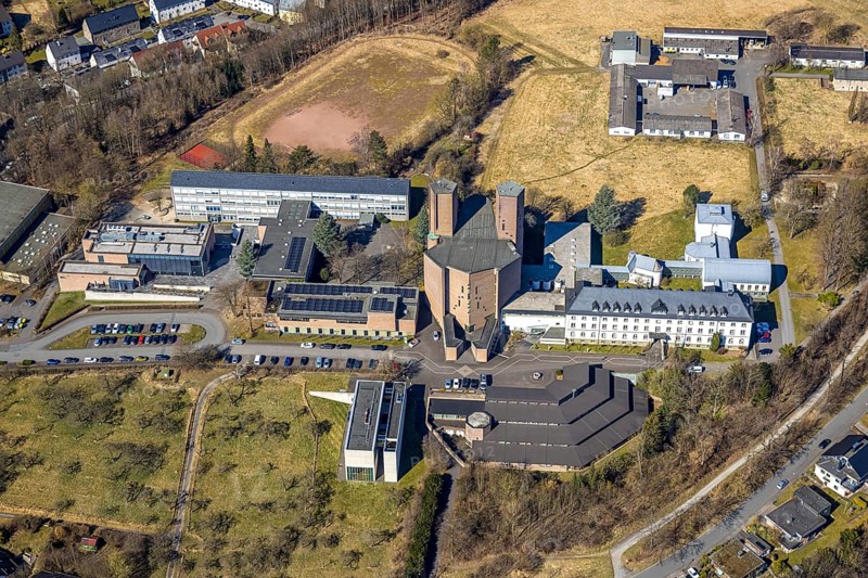 Aerial view, Abbey Königsmünster monastery with Benedictine grammar school, Meschede town, Meschede, Sauerland, North Rhine-Westphalia, Germany, education, educational institution, DE, Europe, grammar school, monastery, educational institute, aerial view, aerial photography, aerial photography, school, overview, bird's-eye view, overview