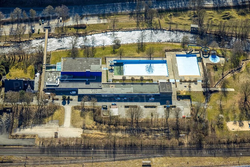 Aerial view, outdoor and indoor swimming pool, tree reflected in the pool, Meschede town, Meschede, Sauerland, North Rhine-Westphalia, Germany, bathing establishment, bathing resort, DE, Europe, outdoor swimming pool, leisure activities, aerial view, aerial photography, aerial photography, swimming pool, swimming pool, overview, bird's eye view, overview