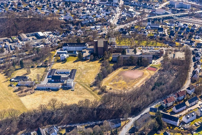 Aerial view, Abbey Königsmünster monastery with Benedictine grammar school, Meschede town, Meschede, Sauerland, North Rhine-Westphalia, Germany, education, educational institution, DE, Europe, grammar school, monastery, educational institute, aerial view, aerial photography, aerial photography, school, overview, bird's-eye view, overview