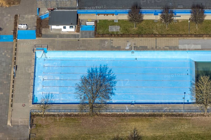 Aerial view, outdoor and indoor swimming pool, tree reflected in the pool, Meschede town, Meschede, Sauerland, North Rhine-Westphalia, Germany, bathing establishment, bathing resort, DE, Europe, outdoor swimming pool, leisure activities, aerial view, aerial photography, aerial photography, swimming pool, swimming pool, overview, bird's eye view, overview