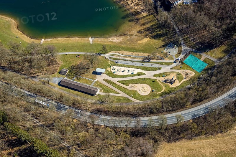 Aerial view, adventure playground Pirate Bay at the Hennesee, kiosk and snack bar Meating am See, Berghausen, Meschede, Sauerland, North Rhine-Westphalia, Germany, DE, Europe, Hennetalsperre, aerial view, aerial photography, aerial photography, overview, bird's-eye view, overview