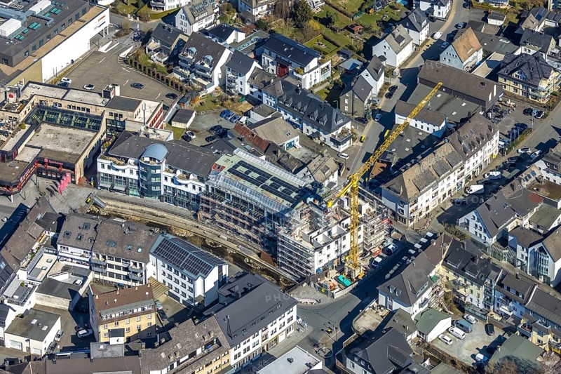 Aerial view, construction site with construction crane at Winziger Platz corner Zeughausstraße, Meschede-Stadt, Meschede, Sauerland, North Rhine-Westphalia, Germany, construction work, construction area, building site, building plots, construction project, construction site, DE, Europe, aerial view, aerial photography, aerial photography, aerial photography, new building, overview, bird's eye view, birds-eyes view, overview