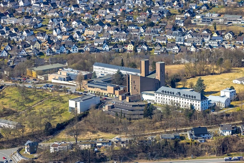 Aerial view, Abbey Königsmünster monastery with Benedictine grammar school, Meschede town, Meschede, Sauerland, North Rhine-Westphalia, Germany, education, educational institution, DE, Europe, grammar school, monastery, educational institute, aerial view, aerial photography, aerial photography, school, overview, bird's-eye view, overview