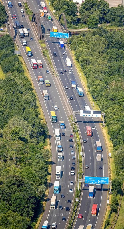 Aerial view, traffic jam on the A2 motorway at the Dortmund-Nordwest junction, Dortmund-Mengede junction, Dortmund-Ems canal bridge, Schwieringhausen, Dortmund, Ruhr area, North Rhine-Westphalia, Germany, DE, Europe, aerial view, aerial photography, aerial photography, overview, bird's-eye view, overview