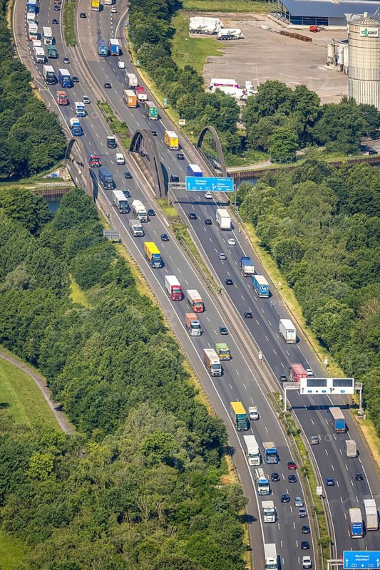 Aerial view, traffic jam on the A2 motorway at the Dortmund-Nordwest junction, Dortmund-Mengede junction, Dortmund-Ems canal bridge, Schwieringhausen, Dortmund, Ruhr area, North Rhine-Westphalia, Germany, DE, Europe, aerial view, aerial photography, aerial photography, overview, bird's-eye view, overview