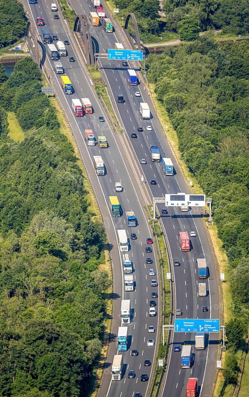 Aerial view, traffic jam on the A2 motorway at the Dortmund-Nordwest junction, Dortmund-Mengede junction, Dortmund-Ems canal bridge, Schwieringhausen, Dortmund, Ruhr area, North Rhine-Westphalia, Germany, DE, Europe, aerial view, aerial photography, aerial photography, overview, bird's-eye view, overview