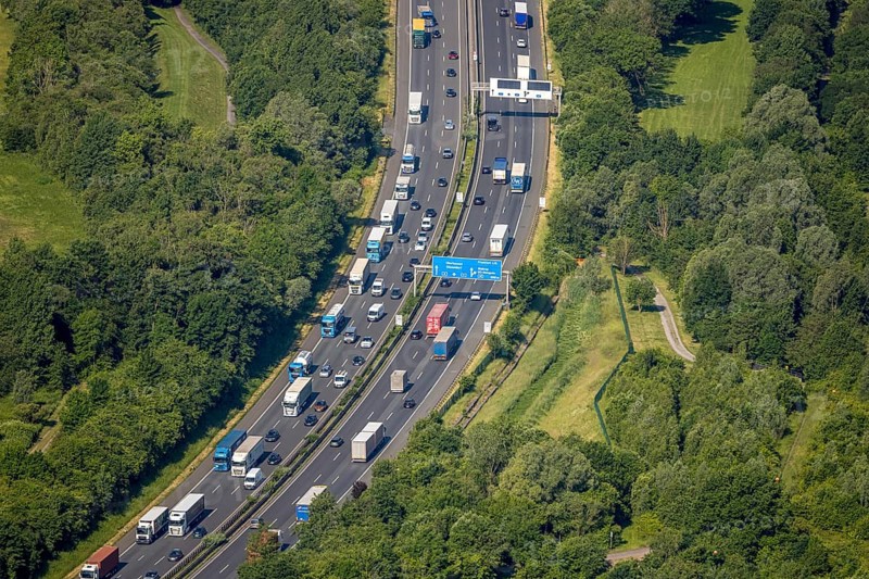 Aerial view, traffic jam on the A2 motorway at the Dortmund-Nordwest junction Dortmund-Mengede, Schwieringhausen, Dortmund, Ruhr area, North Rhine-Westphalia, Germany, DE, Europe, aerial view, aerial photography, aerial photography, overview, bird's-eye view, overview
