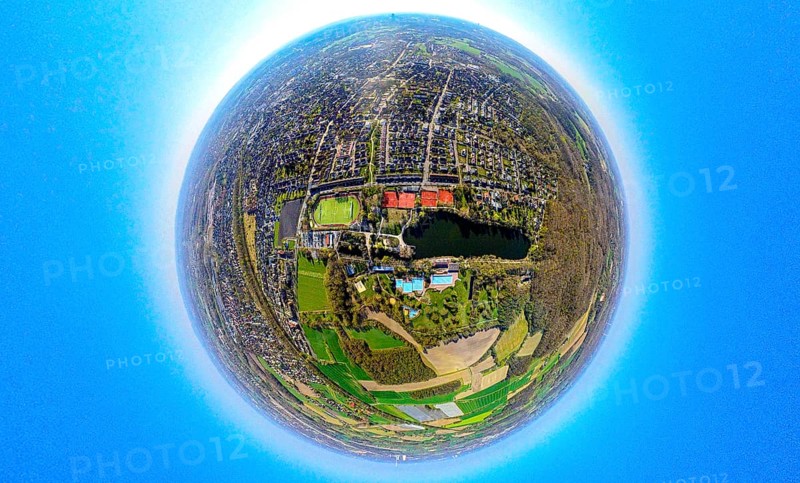 Aerial view, residential area, view of Alt-Lünen with Cappenberger See and outdoor pool Cappenberger See, globe, fisheye image, 360 degree image, tiny world, little planet, fisheye image, Nordlünen, Lünen, Ruhr area, North Rhine-Westphalia, Germany, DE, Europe, fisheye lens, fisheye lens, property tax, real estate, aerial photography, aerial photography, aerial photography, super wide angle lens, overview, bird's eye view, housing estate, housing and living, residential area, quality of living, residential neighbourhood, housing estate, residential area, birds-eyes view, fisheye lens, insta360 camera, overview