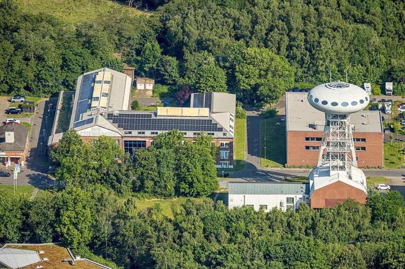 Aerial view, winding tower sculpture Colani UFO, also Colani Egg in the Lüntec start-up centre, on the site of the former Minister Achenbach Schacht 4 colliery, Brambauer, Lünen, Ruhr area, North Rhine-Westphalia, Germany, DE, Europe, artwork, aerial view, aerial photography, aerial photography, overview, bird's-eye view, colliery, birds-eyes view, overview