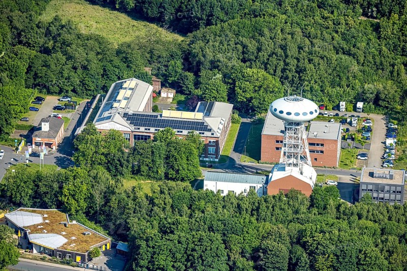 Aerial view, winding tower sculpture Colani UFO, also Colani Egg in the Lüntec start-up centre, on the site of the former Minister Achenbach Schacht 4 colliery, Brambauer, Lünen, Ruhr area, North Rhine-Westphalia, Germany, DE, Europe, artwork, aerial view, aerial photography, aerial photography, overview, bird's-eye view, colliery, birds-eyes view, overview