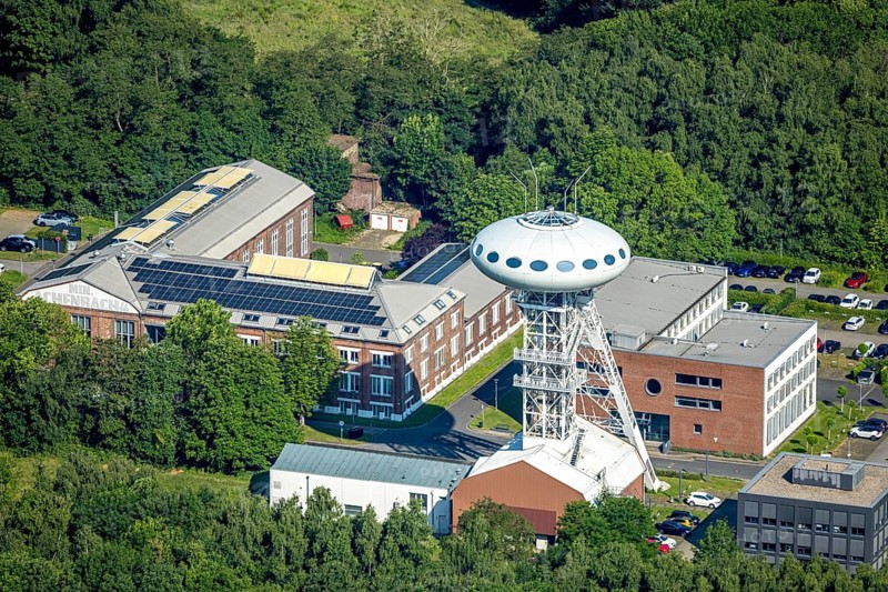 Aerial view, winding tower sculpture Colani UFO, also Colani Egg in the Lüntec start-up centre, on the site of the former Minister Achenbach Schacht 4 colliery, Brambauer, Lünen, Ruhr area, North Rhine-Westphalia, Germany, DE, Europe, artwork, aerial view, aerial photography, aerial photography, overview, bird's-eye view, colliery, birds-eyes view, overview