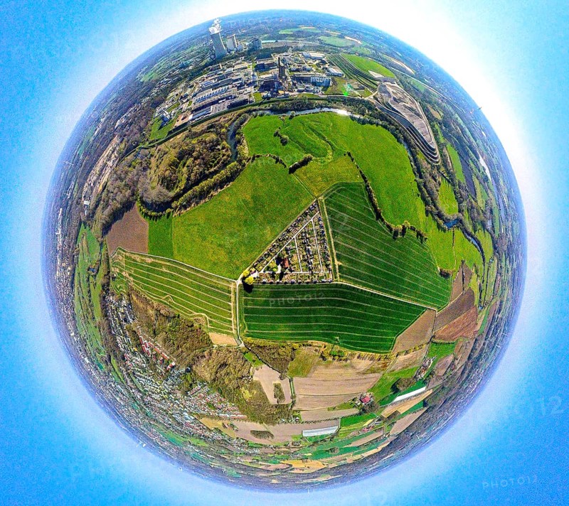 Aerial view, river Lippeauen West with triangular KGV Grüne Insel allotment garden association, earth globe, fisheye image, 360 degree image, tiny world, little planet, fisheye image, Alstedde, Lünen, Ruhr area, North Rhine-Westphalia, Germany, DE, Europe, fisheye lens, fisheye lens, community garden, allotment garden, allotment garden site, allotment garden association, allotment gardener association, allotment garden colony, aerial view, aerial photography, aerial photography, allotment garden, super wide angle lens, overview, bird's eye view, fisheye lens, insta360 camera, overview